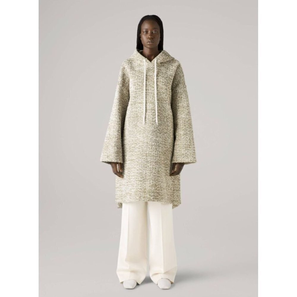 St. John Long Hoodie Sweater Bouclé In Ecru Melange Tweed Knit Hooded Sweatshirt